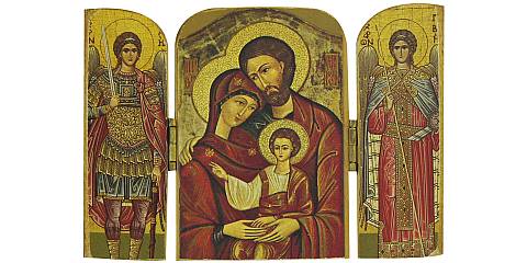 Trittico Sacra Famiglia, Icona in Stile Arte Bizantina, Icona su Legno Rifinita con Aureole, Scritte e Bordure Fatte a Mano, Produzione Greca - 14 x 12 Cm