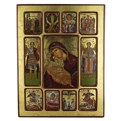 Icona Madonna di Vladimir, Arcangeli e Episodi Biblici, produzione greca su legno - 40 x 30 cm