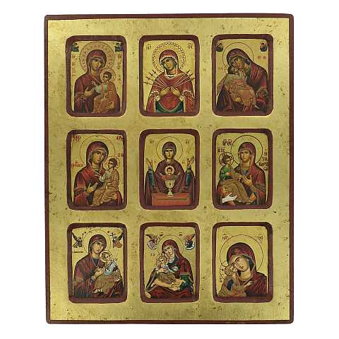 Icona 9 Madonne, Icona in Stile Arte Bizantina, Icona su Legno Rifinita con Aureole, Scritte e Bordure Fatte a Mano, Produzione Greca - 25 x 20 Cm