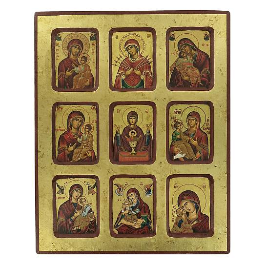 Icona 9 Madonne, Icona in Stile Arte Bizantina, Icona su Legno Rifinita con Aureole, Scritte e Bordure Fatte a Mano, Produzione Greca - 25 x 20 Cm
