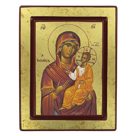 Icona Madonna con il Bambino, Icona in Stile Arte Bizantina, Icona su Legno Rifinita con Aureole, Scritte e Bordure Fatte a Mano, Produzione Greca - 25 x 19,5 Cm