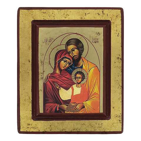 Icona Sacra Famiglia, Icona in Stile Arte Bizantina, Icona su Legno Rifinita con Aureole, Scritte e Bordure Fatte a Mano, Produzione Greca - 14 x 11,5 Cm