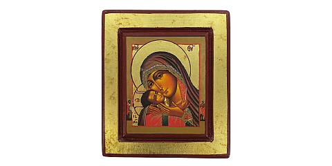 Icona Madonna di Korsun, Icona in Stile Arte Bizantina, Icona su Legno Rifinita con Aureole, Scritte e Bordure Fatte a Mano, Produzione Greca - 14 x 12,5 Cm