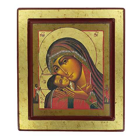 Icona Madonna di Korsun, Icona in Stile Arte Bizantina, Icona su Legno Rifinita con Aureole, Scritte e Bordure Fatte a Mano, Produzione Greca - 25 x 22 Cm
