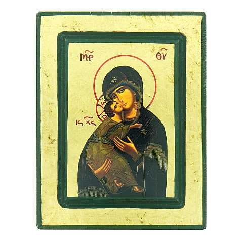 Icona Madonna di Vladimir, Icona in Stile Arte Bizantina, Icona su Legno Rifinita con Aureole, Scritte e Bordure Fatte a Mano, Produzione Greca - 14,5 x 11,5 Cm