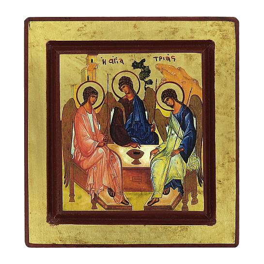 Icona Trinità di Rublev, Icona in Stile Arte Bizantina, Icona su Legno Rifinita con Aureole, Scritte e Bordure Fatte a Mano, Produzione Greca - 14 x 13,5 Cm