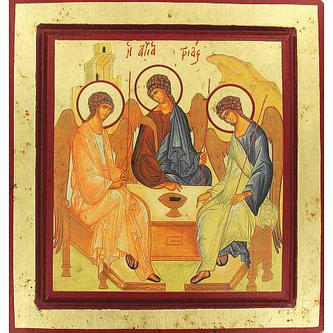 Icona Trinità di Rublev, Icona in Stile Arte Bizantina, Icona su Legno Rifinita con Aureole, Scritte e Bordure Fatte a Mano, Produzione Greca - 22 x 21 Cm