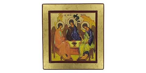Icona Trinità di Rublev, Icona in Stile Arte Bizantina, Icona su Legno Rifinita con Aureole, Scritte e Bordure Fatte a Mano, Produzione Greca - 27 x 25 Cm 