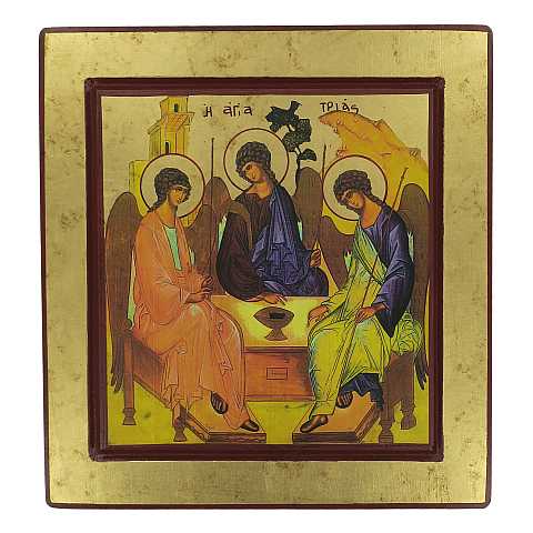 Icona Trinità di Rublev, Icona in Stile Arte Bizantina, Icona su Legno Rifinita con Aureole, Scritte e Bordure Fatte a Mano, Produzione Greca - 27 x 25 Cm 