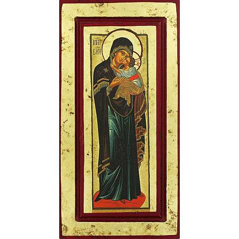 Icona Madre di Dio del Monastero di Visoki DeÄani, Icona in Stile Arte Bizantina, Icona su Legno Rifinita con Aureole, Scritte e Bordure Fatte a Mano, Produzione Greca - 24 x 13 Cm