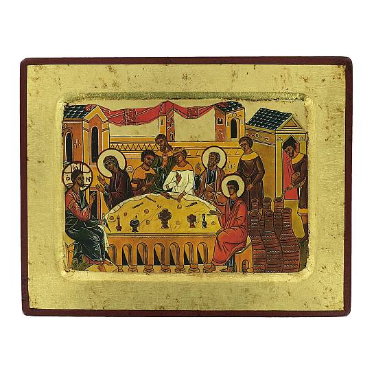 Icona Nozze di Cana, Icona in Stile Arte Bizantina, Icona su Legno Rifinita con Aureole, Scritte e Bordure Fatte a Mano, Produzione Greca - 21 x 16 Cm 