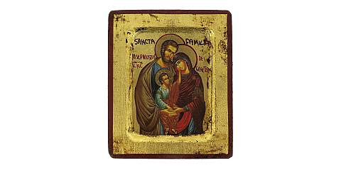 Icona Sacra Famiglia, Icona in Stile Arte Bizantina, Icona su Legno Rifinita con Aureole, Scritte e Bordure Fatte a Mano, Produzione Greca - 8 x 6,5 Cm