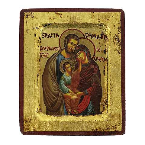Icona Sacra Famiglia, Icona in Stile Arte Bizantina, Icona su Legno Rifinita con Aureole, Scritte e Bordure Fatte a Mano, Produzione Greca - 8 x 6,5 Cm