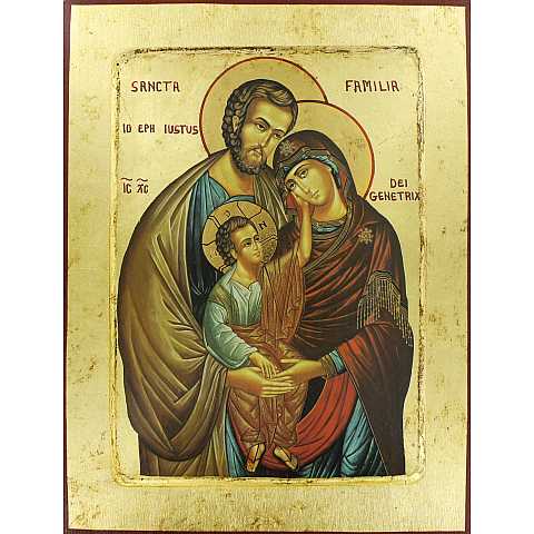 Icona Sacra Famiglia, Icona in Stile Arte Bizantina, Icona su Legno Rifinita con Aureole, Scritte e Bordure Fatte a Mano, Produzione Greca - 31,5 x 24 Cm