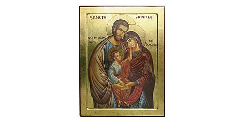 Icona Sacra Famiglia, Icona in Stile Arte Bizantina, Icona su Legno Rifinita con Aureole, Scritte e Bordure Fatte a Mano, Produzione Greca - 36 x 47,5 Cm