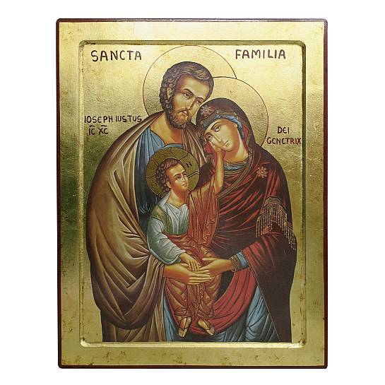Icona Sacra Famiglia, Icona in Stile Arte Bizantina, Icona su Legno Rifinita con Aureole, Scritte e Bordure Fatte a Mano, Produzione Greca - 36 x 47,5 Cm