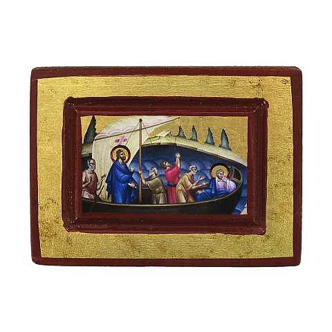 Icona Gesù e Discepoli - tempesta sedata, Icona in Stile Arte Bizantina, Icona su Legno Rifinita con Aureole, Scritte e Bordure Fatte a Mano, Produzione Greca (8 x 6 Cm)