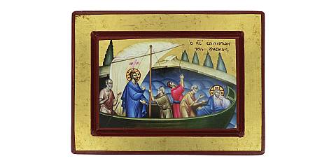 Icona Gesù e Discepoli - tempesta sedata, Icona in Stile Arte Bizantina, Icona su Legno Rifinita con Aureole, Scritte e Bordure Fatte a Mano, Produzione Greca (20 x 15 cm)