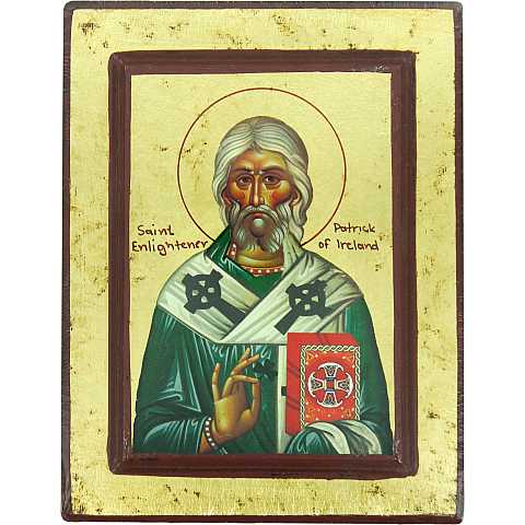 Icona Saint Patrick / San Patrizio, produzione greca su legno, bordo bordeaux - 19 x 14,5 cm