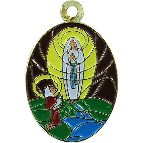 Medaglia Madonna di Lourdes in acciaio con smalti 