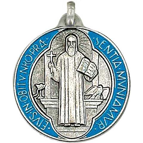 Medaglia San Benedetto tonda in metallo argentato con smalto - 3 cm