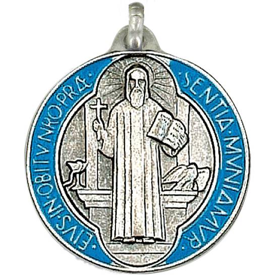 Medaglia San Benedetto tonda in metallo argentato con smalto - 3 cm