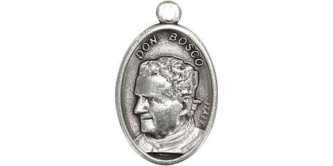 Medaglia Don Bosco e Madonna Ausiliatrice ovale in metallo ossidato - 2,5 cm