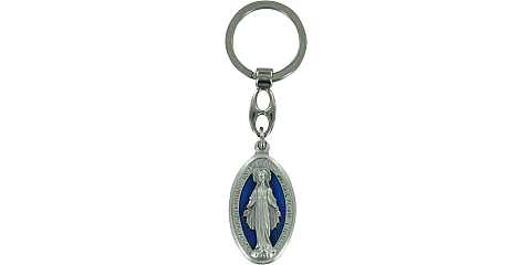 Portachiavi Madonna Miracolosa in metallo argentato con smalto blu