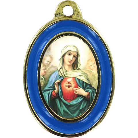 Medaglia Sacro Cuore di Maria in metallo dorato con bordo azzurro - 3 cm