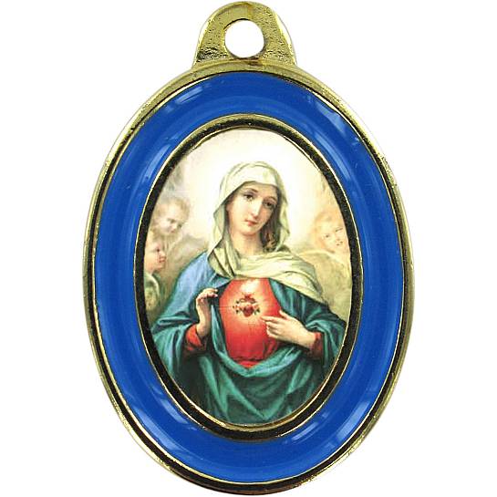 Medaglia Sacro Cuore di Maria in metallo dorato con bordo azzurro - 3 cm