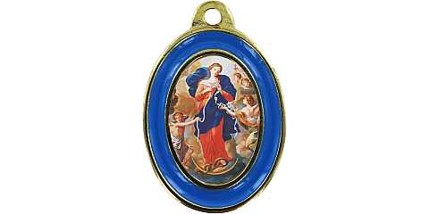 Medaglia Madonna che scioglie i nodi in metallo dorato con bordo azzurro - 3 cm