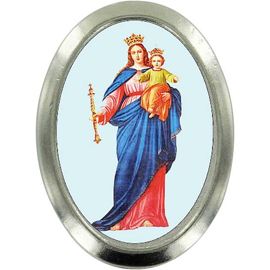 Calamita Maria Ausiliatrice in metallo nichelato ovale