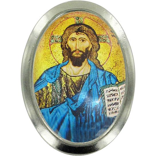 Calamita Cristo Pantocratore con libro aperto in metallo nichelato ovale
