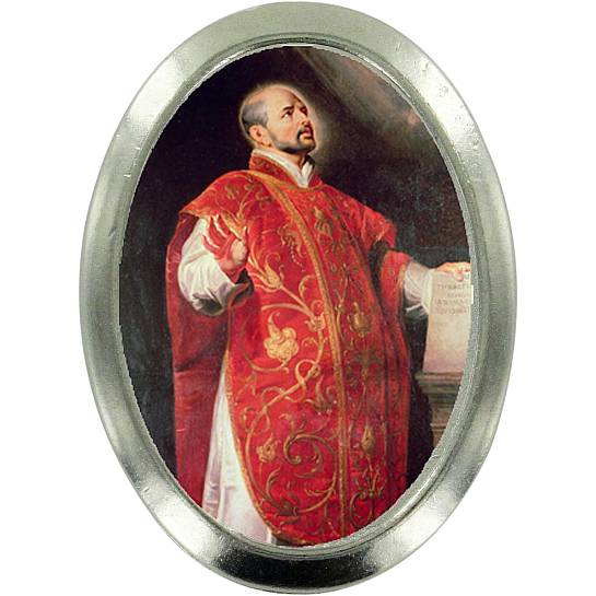 Calamita Sant' Ignazio di Loyola in metallo nichelato ovale