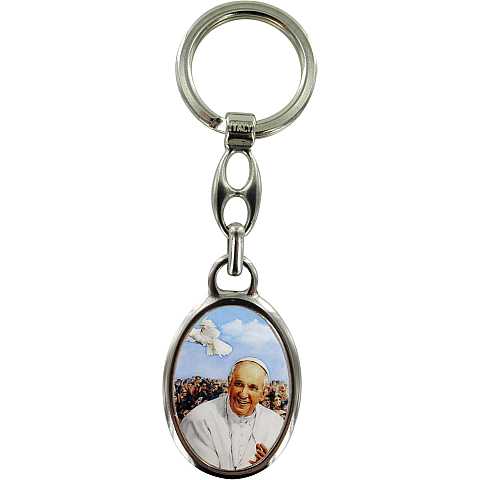 Portachiavi Papa Francesco benedicente ovale in metallo nichelato