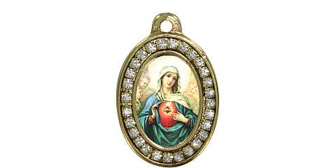 Medaglia Sacro Cuore di Maria in metallo dorato con strass - 3,5 cm