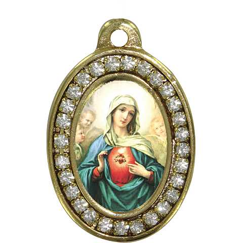Medaglia Sacro Cuore di Maria in metallo dorato con strass - 3,5 cm
