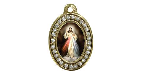 Medaglia Gesù Misericordioso in metallo dorato con strass - 3,5 cm