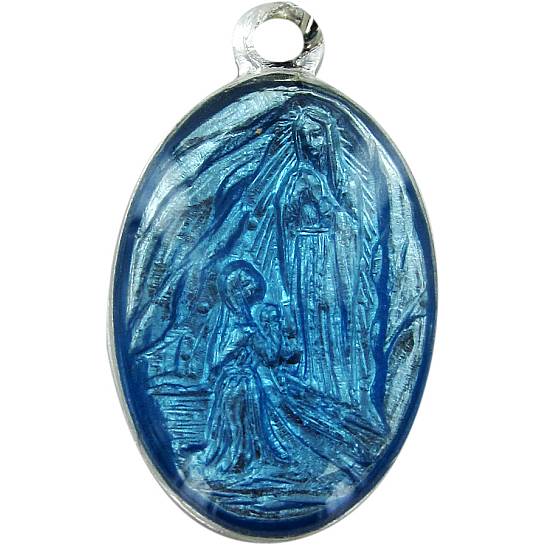 Medaglia Madonna Lourdes in alluminio con smalto azzurro - 1,5 cm