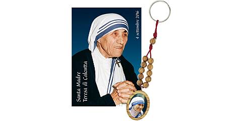 Portachiavi Madre Teresa di Calcutta con decina in ulivo e preghiera in italiano