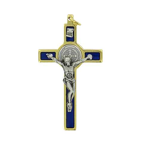 Croce San Benedetto in legno con Cristo in metallo - 8 cm