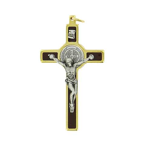 Crocifisso San Benedetto da parete in legno con Cristo in metallo - 12 cm