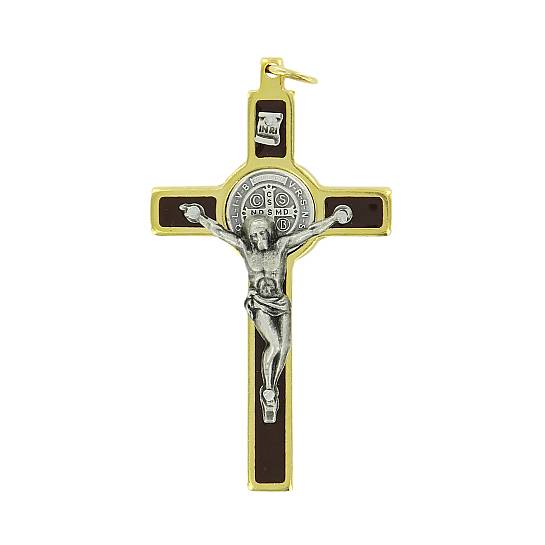 Croce San Benedetto in ottone dorato con smalto marrone - 5 cm