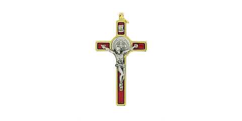 Croce di San Benedetto in ottone dorato con smalto rosso - 5 cm