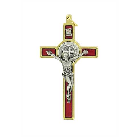 Croce di San Benedetto in ottone dorato con smalto rosso - 5 cm