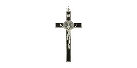 Crocifisso San Benedetto in legno con Cristo in metallo argentato - 20 cm