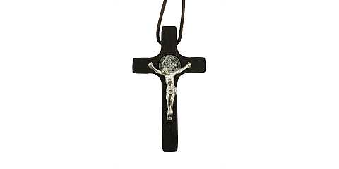Croce San Benedetto in legno con Cristo in metallo - 5 cm