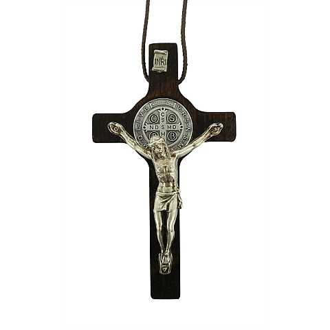 Crocifisso San Benedetto da parete in legno con Cristo in metallo - 16 cm