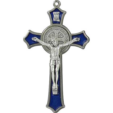 Croce San Benedetto in metallo nichelato con smalto blu - 7,5 cm