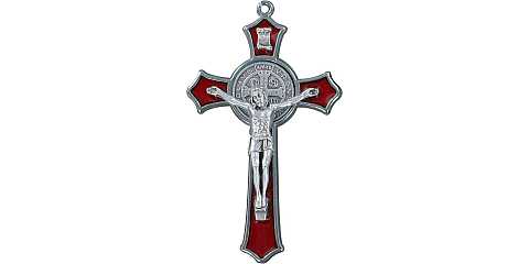 Croce San Benedetto in metallo ossidato con smalto rosso - 7,5 cm